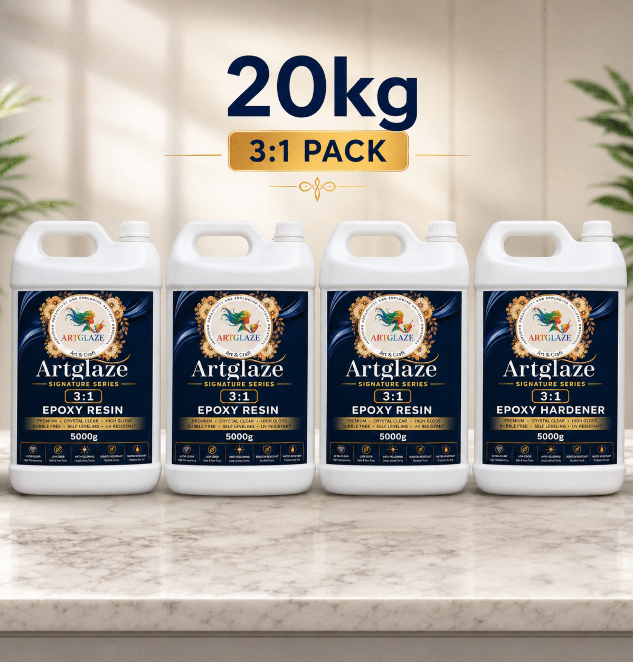 3:1 Artglaze epoxy resin and hardner 20 kg set | Artglaze Professional Tabletop & Casting Resin 3:1 – Crystal Clear Bubble Free Epoxy for Wood, Art & Molds